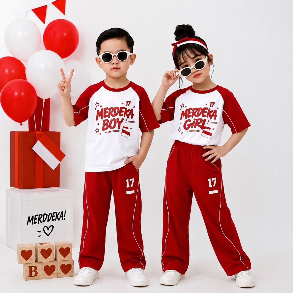 Setelan Anak Merdeka 17 Agustus Boy Girl Kaos Raglan Celana Panjang Merah Putih Unisex Size 1-10 Tahun