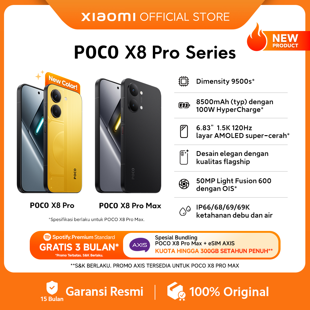 POCO X8 Pro Series | POCO X8 Pro Max (12GB/512GB)  (12GB+256GB) | POCO X8 Pro (12GB+512GB) (8GB+512GB) (8GB+256GB) | Dimensity 9500s* | 8500mAh (typ) battery dengan 100W HyperCharge* | HP Gaming [Xiaomi Official Store]