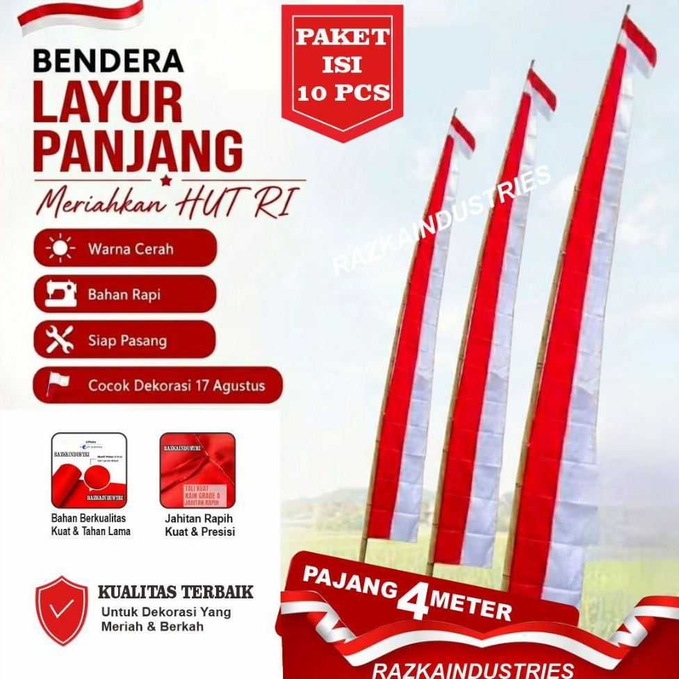 BAJAKSTORE (10PIS) BENDERA LAYUR PANJANG 4 METER MERAH PUTIH cocok buat pemasangan di hari kemerdekaan 17 agustus