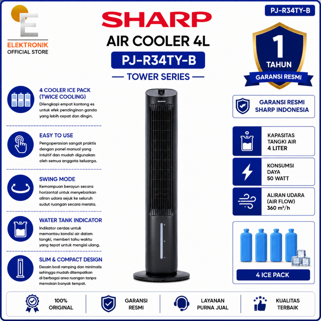 Jual Sharp PJR34TYB Air Cooler 4L 4 Ice Pack Swing Mode Tower Series ...
