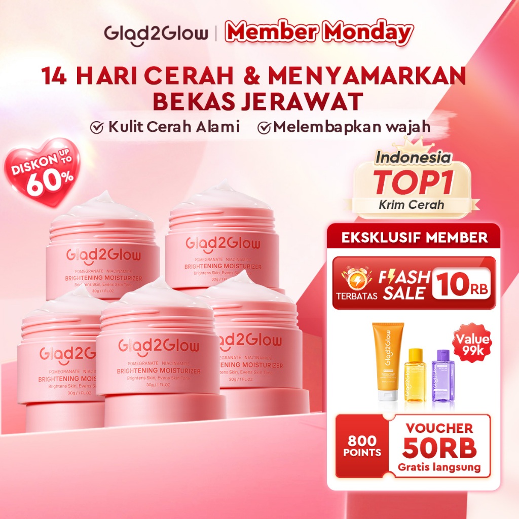 Glad2Glow Pomegranate Niacinamide Brightening Moisturizer Mencerahkan Pemutih Kulit Gel Pelembab Bercahaya Krim Siang dan Malam Perawatan Kulit Ekstrak DelimaPelembab Esensi Wajah Perawatan Kulit g2glow official store
