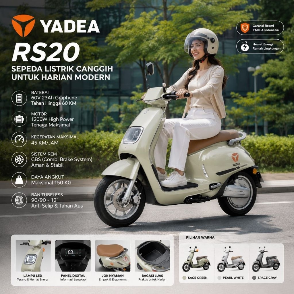 MOTOR LISTRIK YADEA RS20 60V 23Ah 600W ORIGINAL HEMAT ENERGI BATRAI AWET DESAIN MODERN