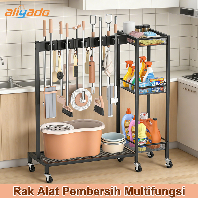 Jual Rak Alat Pembersih Multifungsi dengan Roda - Rak Sapu Pel Dinding ...