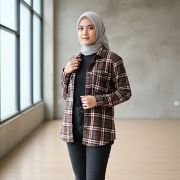 Baju Atasan Wanita Kemeja Flanel Wanita Lengan Panjang Kotak