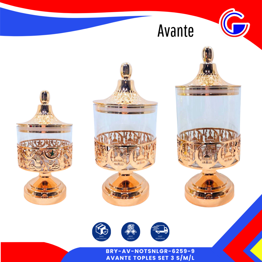 Avante Toples Lebaran Set 3pcs Motif Masjid Sabit Gold Rose Gold - Toples Dekorasi Akrilik Wadah Permen Kue Kering