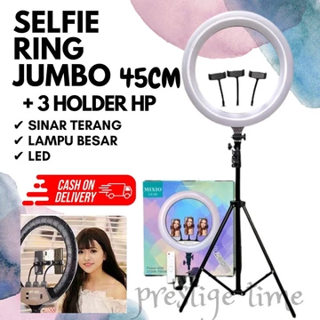 Paket Set Ring Light Jumbo 45cm Tripod 2m 3 Phone Holder HP Studio Live Tiktok Shopee Blog Vlog