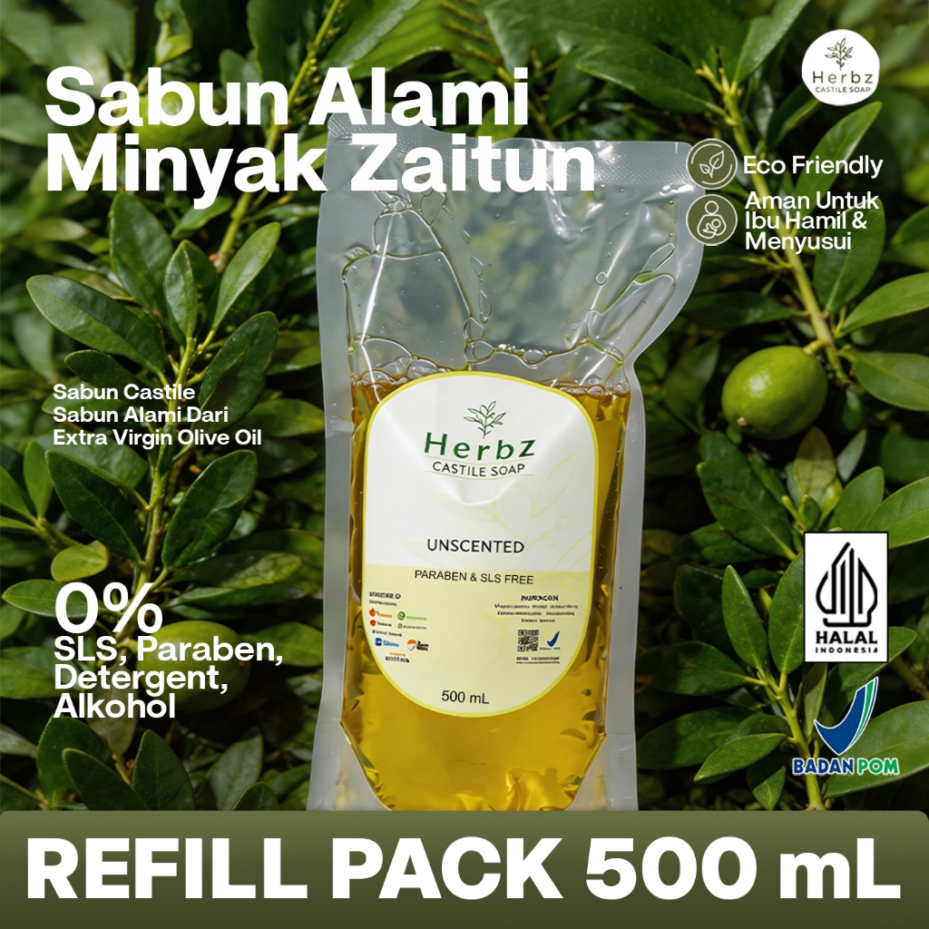 REFILL Sabun Castile HERBZ Isi Ulang 500ml Sabun Zaitun Castile Soap