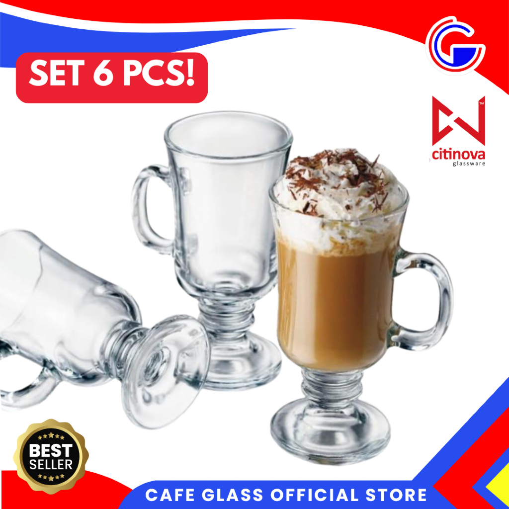 Gelas Kopi Set 6 Pcs Citinova Irish - Gelas Kaca Aesthetic Kaki Bening Gagang - Cangkir Kopi Cafe Gelas
