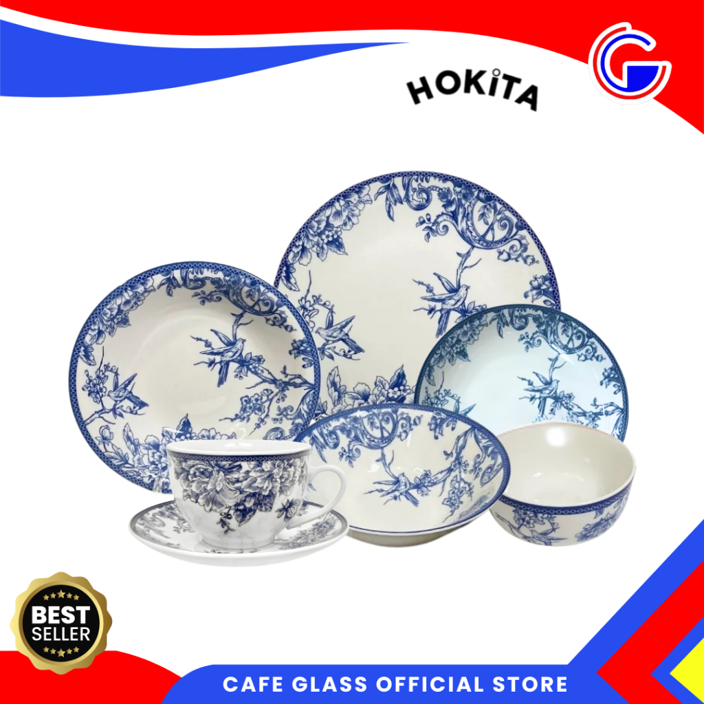 Dinner Set Keramik Motif Secret Garden Blue - Piring Mangkok Cangkir Set Elegan - Set Hampers Hokita
