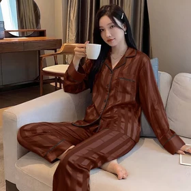 Set Piyama Lengan Panjang Wanita Satin Bergaris Premium