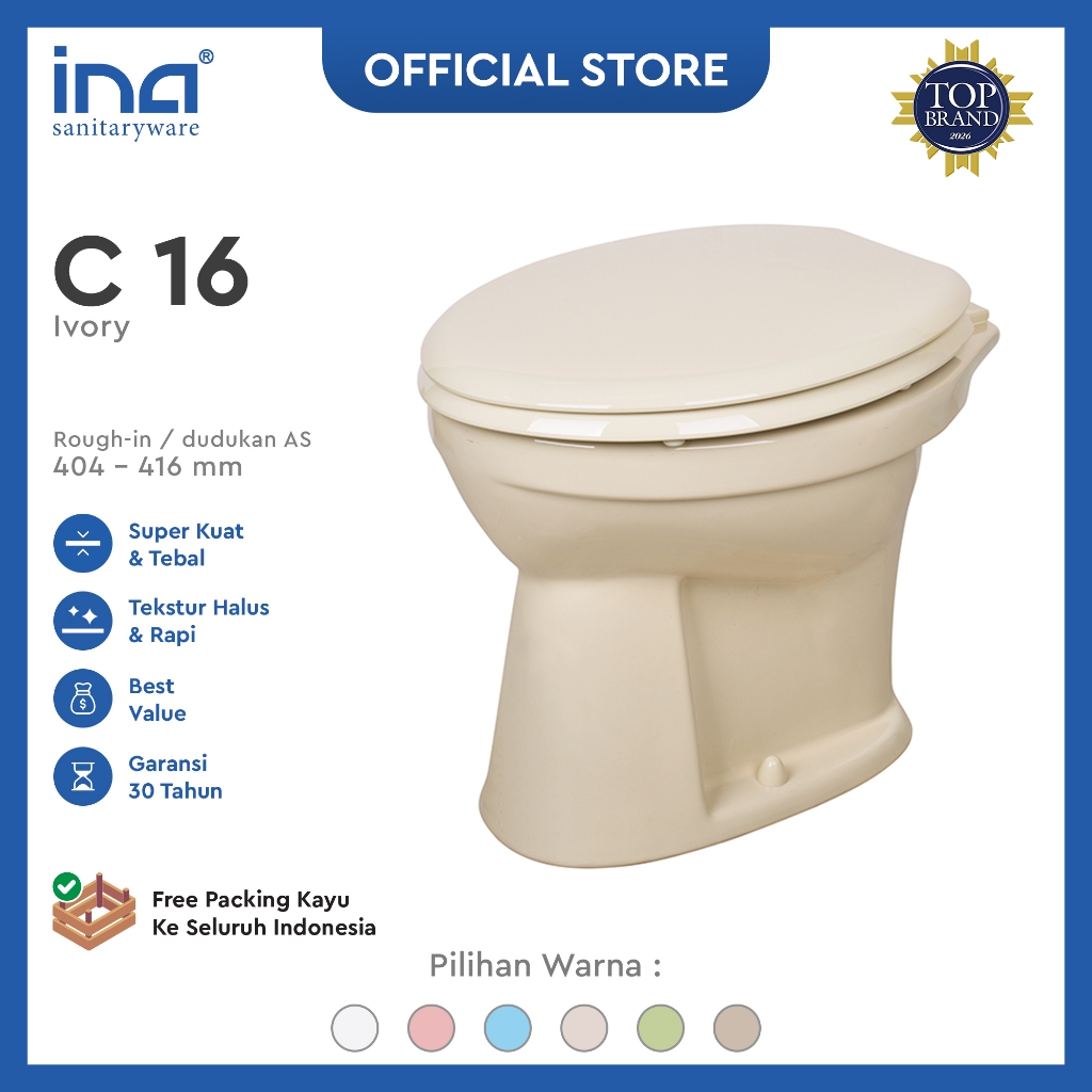 Kloset Duduk Tanpa Tangki Ivory INA C-16 Siram | Toilet Duduk