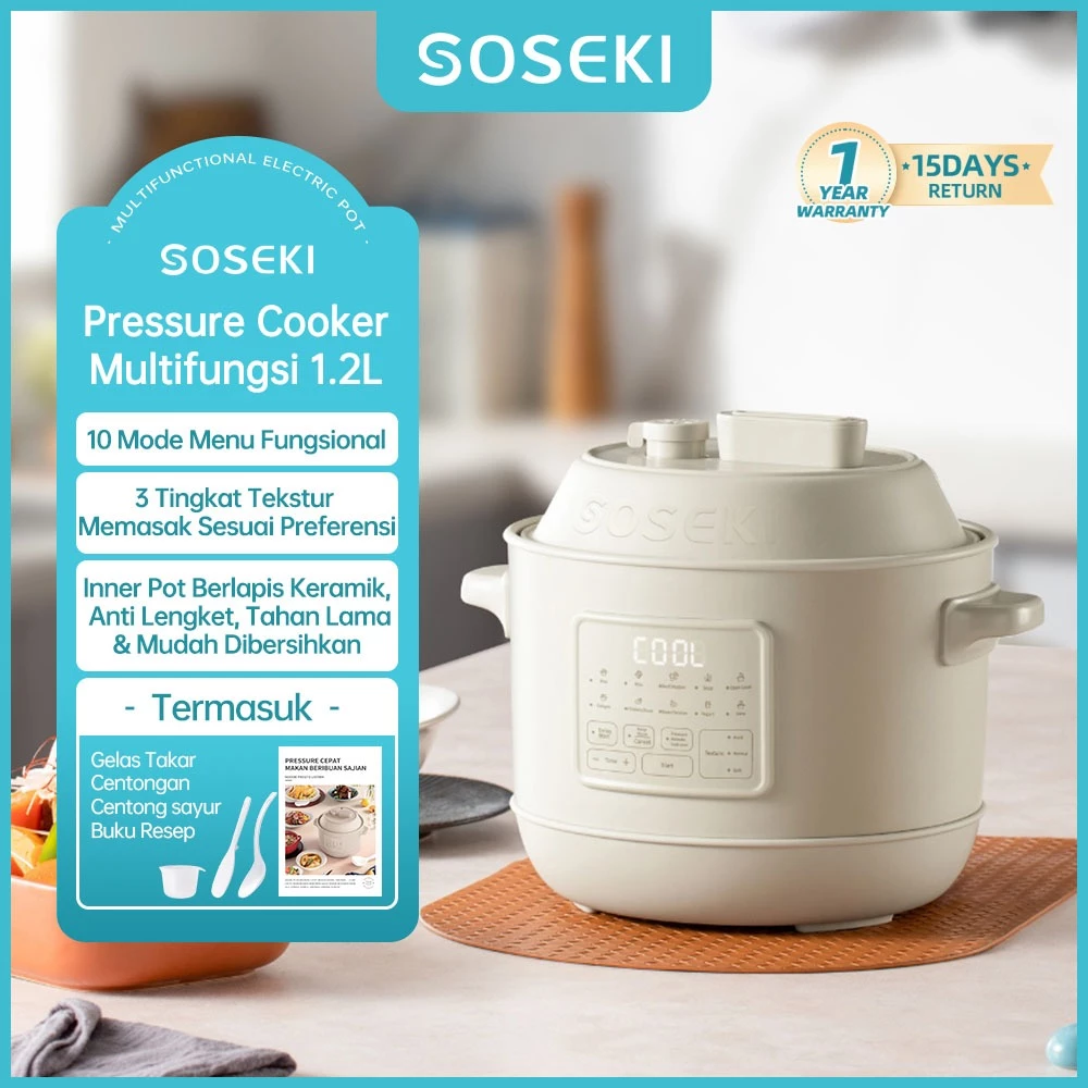 SOSEKI Panci Presto Listrik 1.2L Electric Pressure Cooker Multifungsi 10 Menu Masak Lepas Tekanan Otomatis Suara Lembut - foto 1