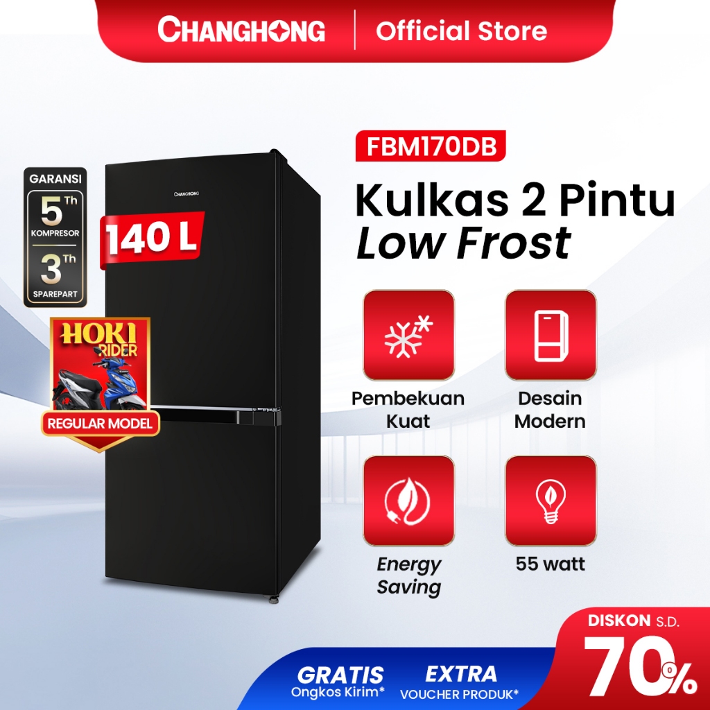 Changhong  Kulkas 2 Pintu  (Bottom Mounted Refrigerator) Lemari Es  Kapasitas 140 Liter FBM170DB Black (Semi Auto Defrost) (Kulkas Fleksibel) (Kombinasi Pendingian Dan Pembekuan) ( Kulkas Temperred Glass)