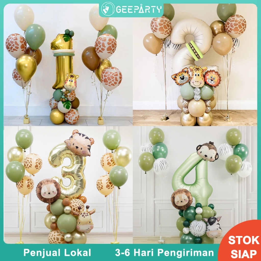 Paket Balon Set Angka Animal Jungle Latex Motif Hewan Binatang 30 pcs