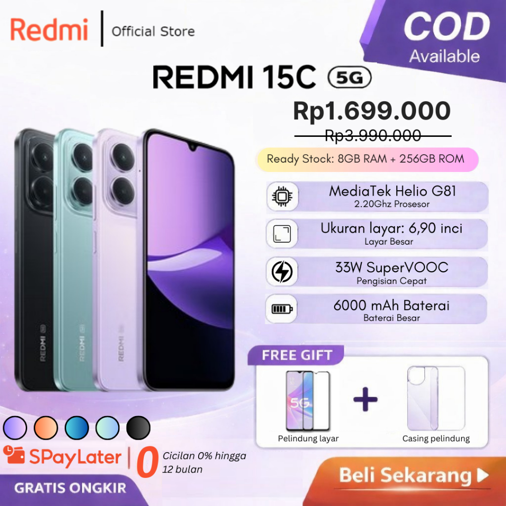 (NEW) Xiaomi Redmi 15C 5G 8GB/256GB 6000mAh 33W Fast Charge 6.9" 120Hz Display Garansi Resmi