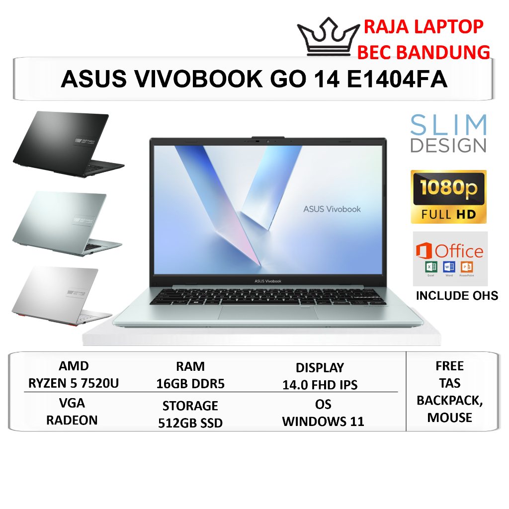 Asus Vivobook Go 14 E1404FA Ryzen 5 7520U 16GB 512GB SSD 14" FHD IPS Windows 11 Home + OHS
