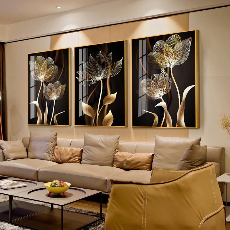 Hiasan Dinding 3 Panel Kristal Keramik - Bunga Abstrak Mewah untuk Sofa Ruang Tamu