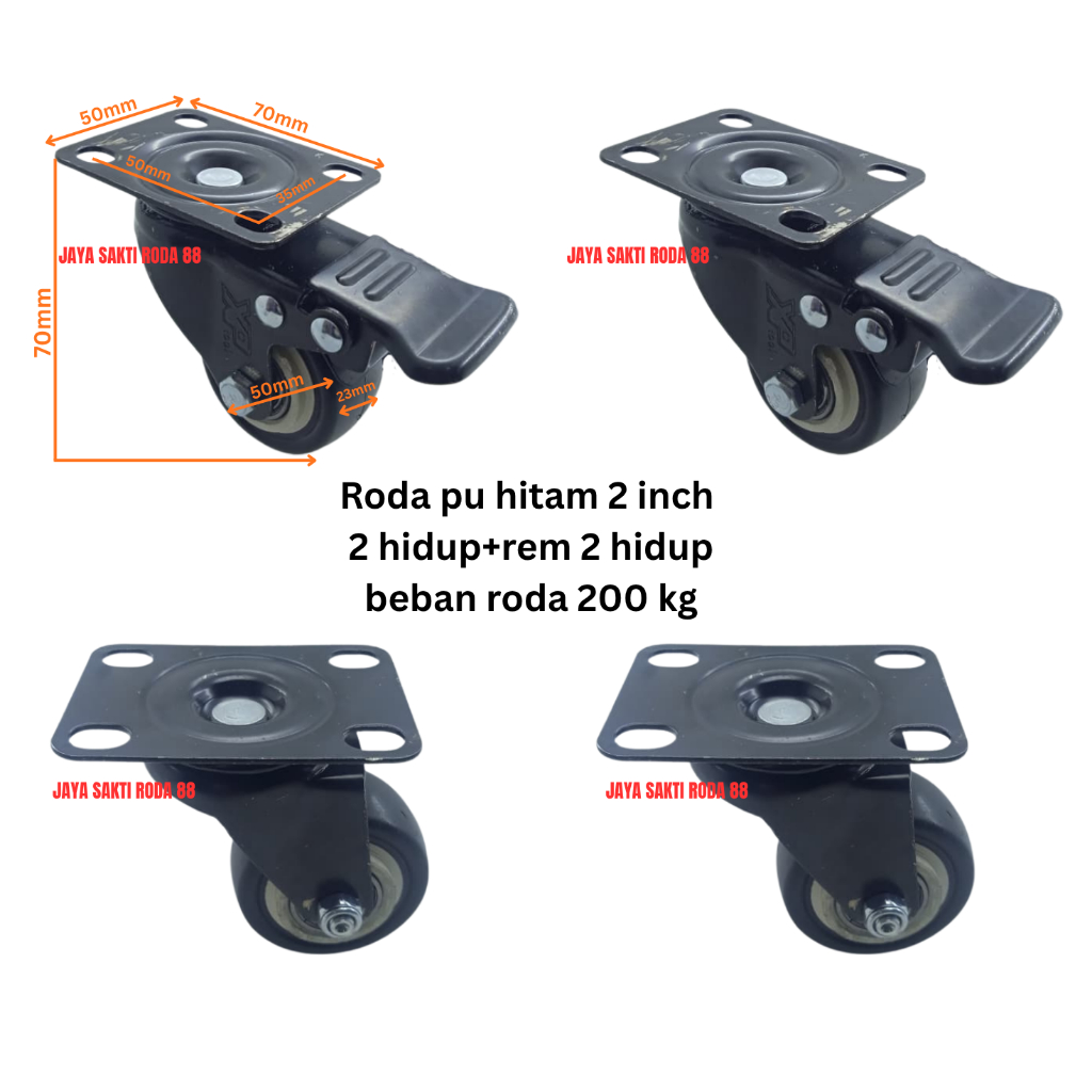 Jual Roda PU Hitam 2 Inch (2 Hidup+rem & 2 Hidup) Beban Roda 200 Kg ...