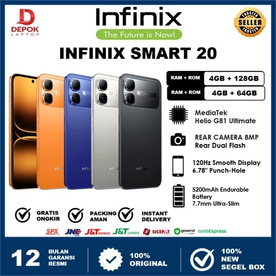 [ READY INSTANT ] Infinix Smart 20 4/128GB Up to 8GB Extended RAM | Mediatek Helio G81 | 6.78” 120Hz | 8MP | 5200mAh