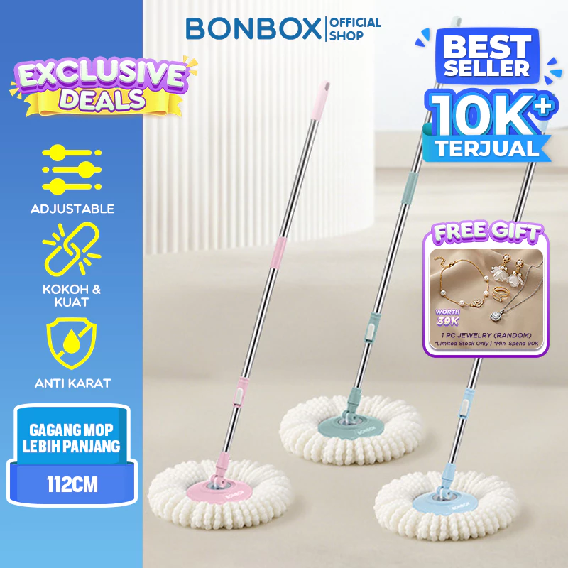 [READY] BONBOX PREMIUM Alat Pel Tongkat Pel + Kain Pel Set Mop Stick Set with Headmop Adjustable Dapat Digunakan Untuk Semua Type Produk Pel Bonbox BCT3505