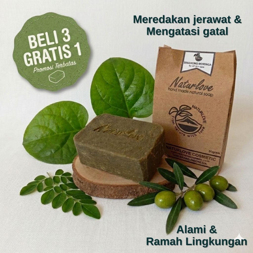 NATURLOVE, Sabun natural binahong moringa untuk meredakan jerawat dan gatal dan gangguan kesehatan kulit lainnya, tanpa: detergent, pewarna, dan pengawet. (Naturlove Binahong Moringa Soap)
