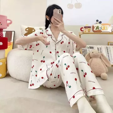 One Set Piyama Baju Tidur Wanita Baju Tidur Lengan Panjang Celana Panjang Bahan Satin Silk BTW