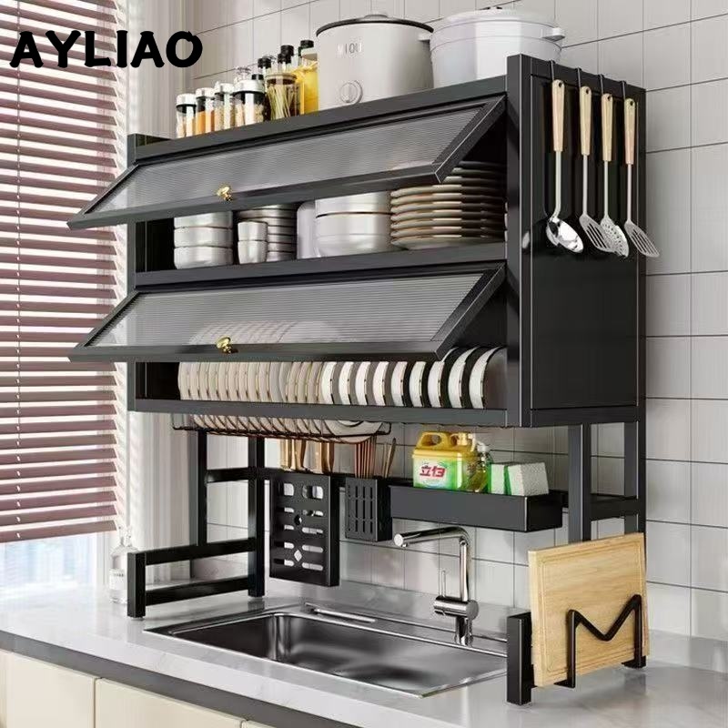 AYLIAO Rak Piring Wastafel Tertutup Dapur Dengan Baki Air/Rak Wastafel Cuci Piring dengan Kabinet