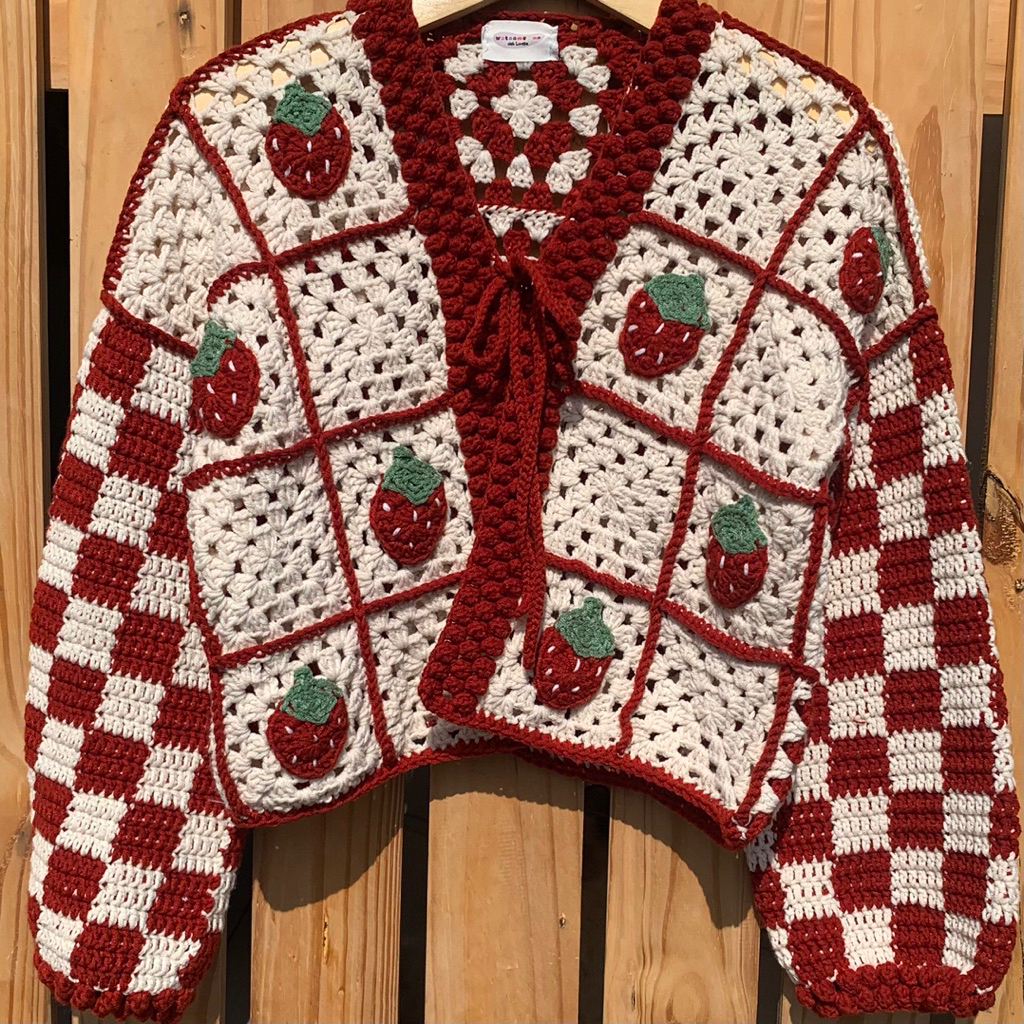 Jual CUSTOM CARDIGAN STRAWBERRY RAJUT MOTIF STRAWBERRY CROCHET SQUARE ...