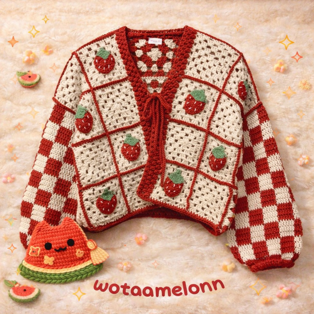 Jual CUSTOM CARDIGAN STRAWBERRY RAJUT MOTIF STRAWBERRY CROCHET SQUARE ...