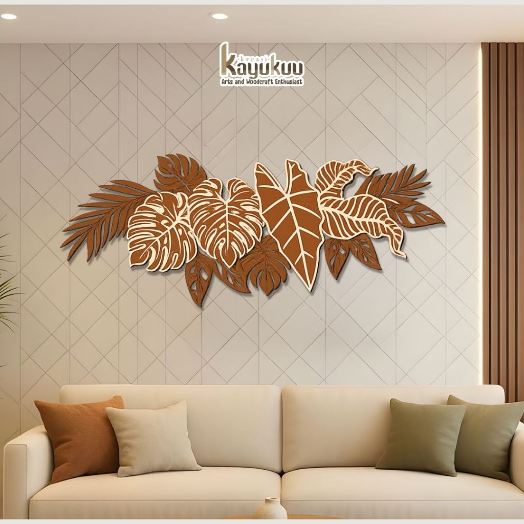 Kreasikayukuu Hiasan Dinding Motif Daun Monstera Kayu Plywood Timbul P150cm | Dekorasi Ruang Tamu Aesthetic