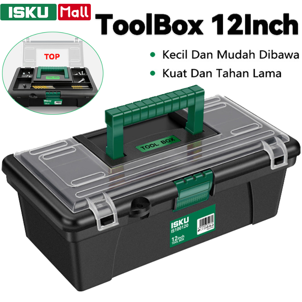 ISKU Tool Box Mini 12 Inch Kotak Perkakas Plastik PP Tebal Anti Pecah Storage Box Portable Serbaguna Tempat Alat Tukang Baut Koper Penyimpanan Kotak Pancing Tamiya Jahit Obat P3K Wadah Kuat Praktis Rumah Tangga Bengkel