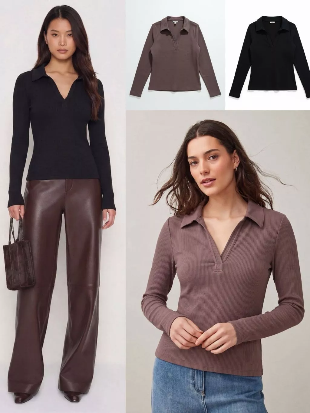 Atasan Lengan Panjang Wanita ANA Ribbed V-Neck Long-Sleeve Top - 2302