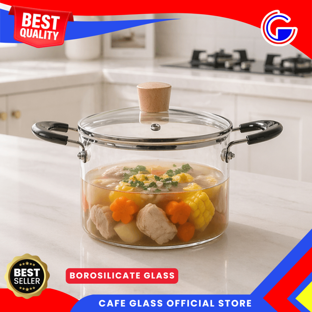 Panci Masak Sup - Panci Kaca Borosilcate Anti Panas - Panci Kaca di atas Kompor Gagang Kayu Aesthetic (peti)