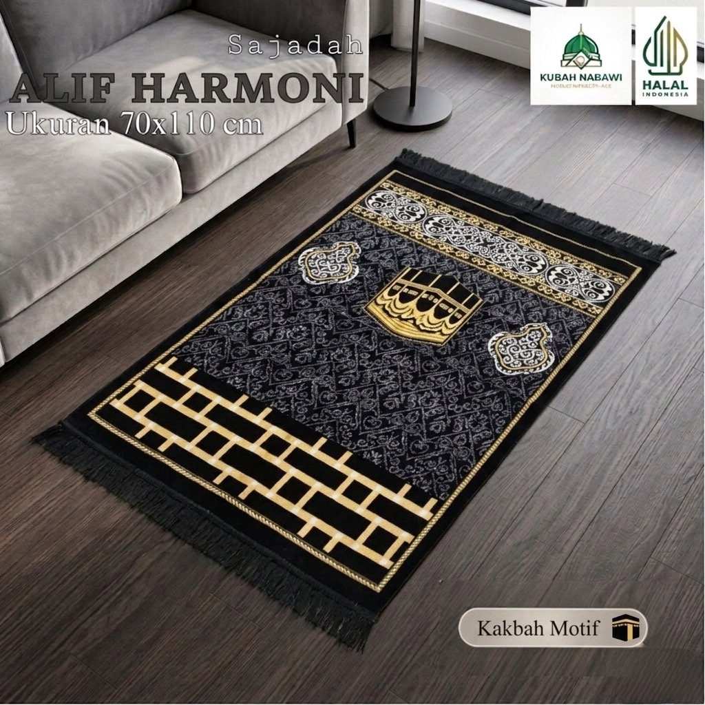 ALIF HARMONI KISWAH 70x110cm Dewasa |Sajadah Turki Beludru Halus Tebal Empuk Jumbo Hitam Kiswah Kado