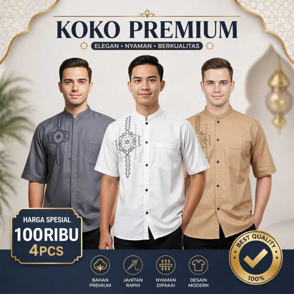 BAJU KOKO PRIA DEWASA BORDIR LENGAN PENGAN PENDEK BAHAN KATUN PREIMUM ADEM