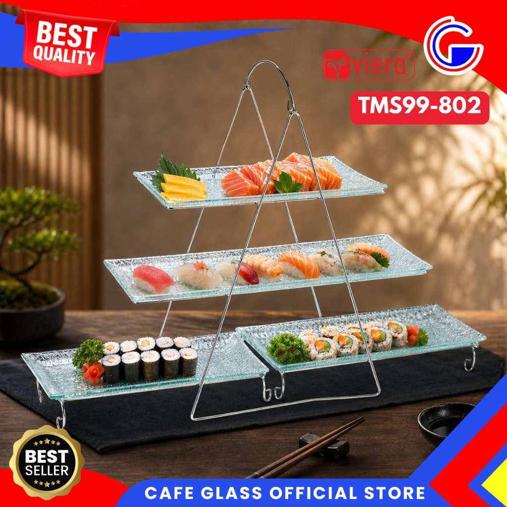 Viera Serving Tray Susun 3 Rak Besi - Piring Saji Prasmanan Kue Buah Hotel - Nampan Kaca Display