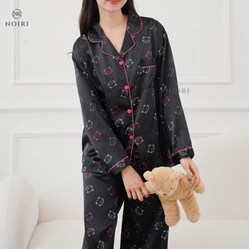 NOIRI Piyama Wanita Blue Bear Bunny Coquette Satin Premium Baju Tidur Lengan Panjang Elegan