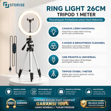 STORISE Paket Komplit Ring Light 26cm Tripod 1 Meter Stand Hp Make Up Vlog Lampu Ringlight