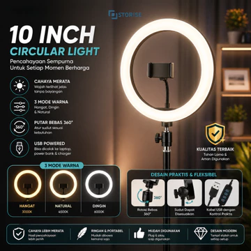 STORISE Paket Komplit Ring Light 26cm Tripod 1 Meter Stand Hp Make Up Vlog Lampu Ringlight