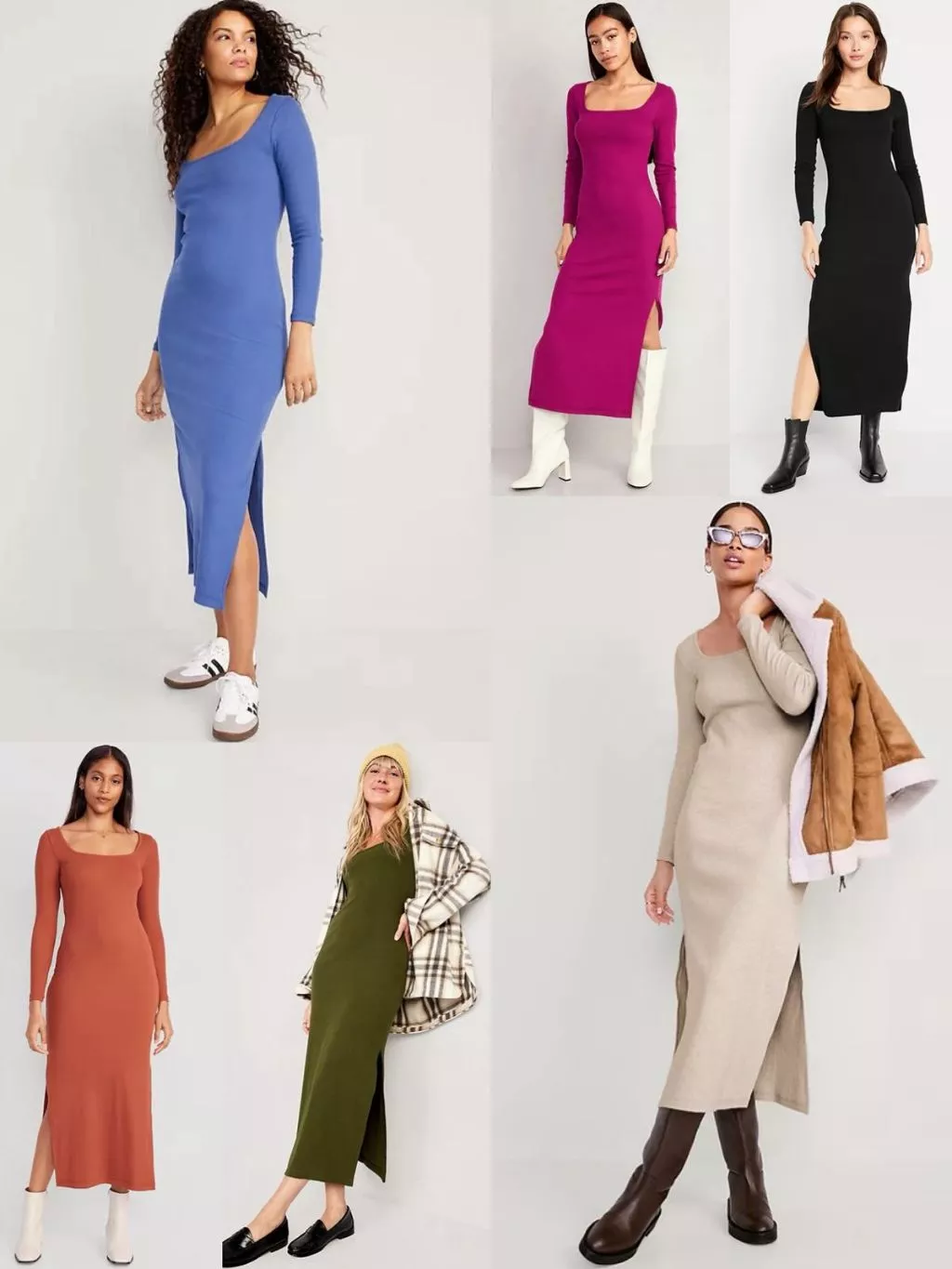 Dress Panjang Bodycon Wanita OLN Fitted Rib-Knit Square-Neck Midi Dress - 2366