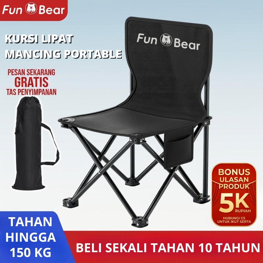 BUY 1 GET 1 Fun Bear Kursi Lipat Camping Portable Kursi Mancing Sandaran Kursi Outdoor Tahan Beban 150kg Free Tas - Kursi Lipat Piknik