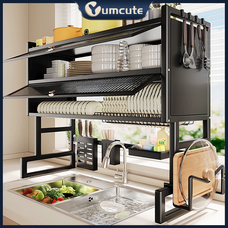 Rak Wastafel Dapur dengan Pintu Rak Piring Wastafel Multifungsi Stainless Steel Rak Dapur dengan Aksesoris