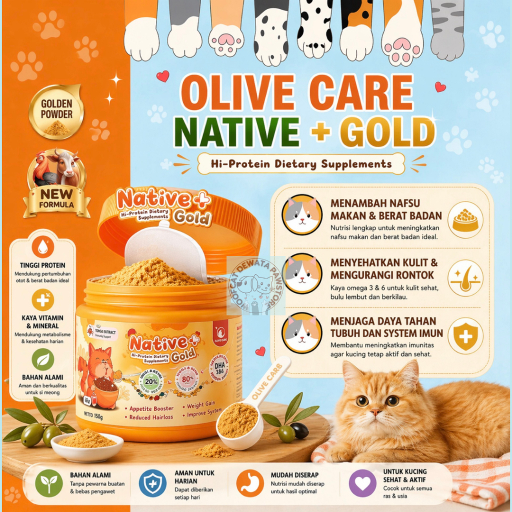 Jual Olive Care Vitamin Kucing NATIVE+ GOLD Protein Tinggi 110gr GOLDEN ...