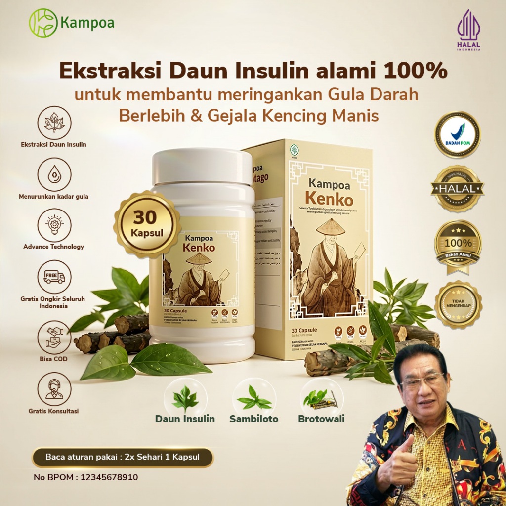 Kampoa Kenko 1 Box - Ekstraksi daun insulin alami 100% untuk Menstabilkan, Meringankan, Mengontrol, Menurunkan Gula Darah Berlebih . Anti Bahan Kimia 100% Alami Organik Aman Untuk Tubuh Jangka Pendek Dan Jangka Panjang