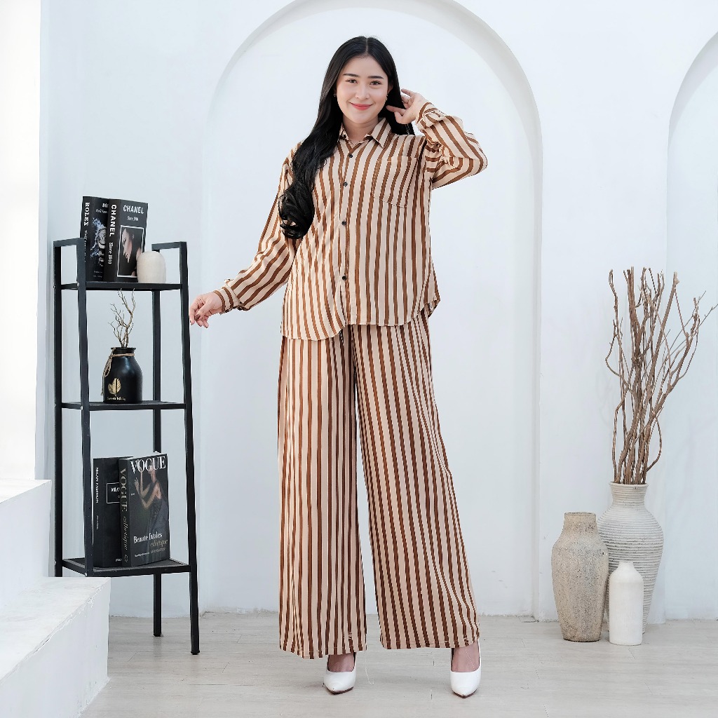 Salur Setelan Kemeja & Celana Garis Elegan 5