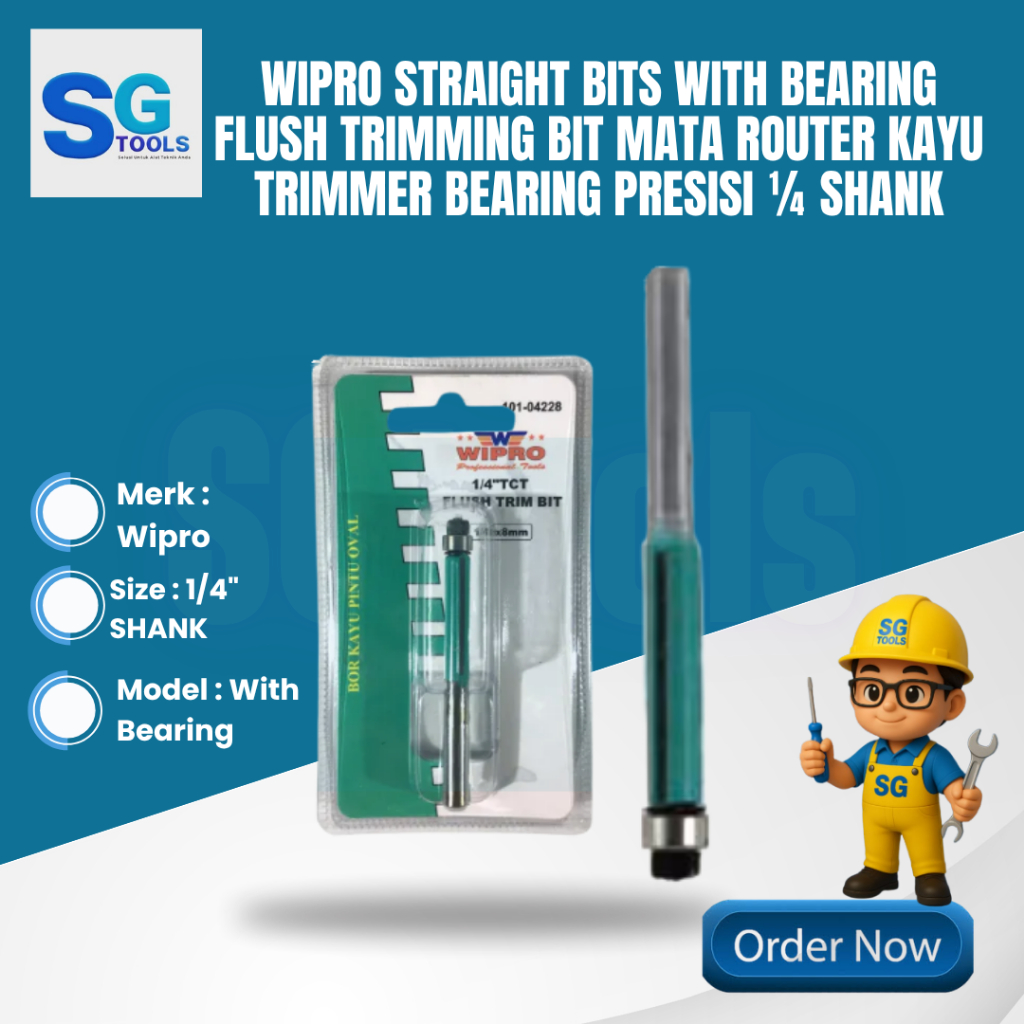 Jual Wipro Straight Bits with Bearing Flush Trimming Bit Mata Router ...