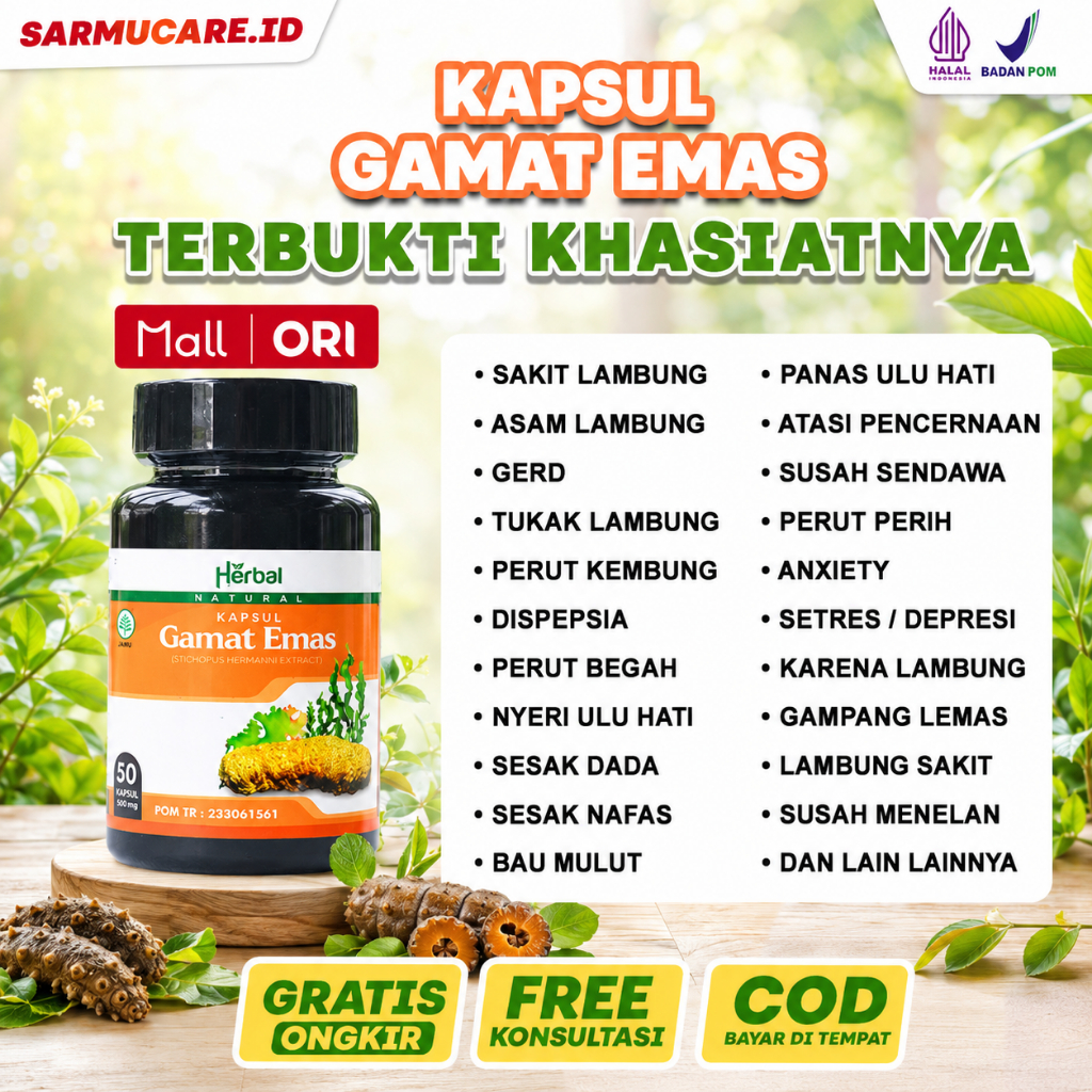 Kapsul Gamat Emas Bantu atasi Masalah Kesehatan Asam Lambung Maag Gerd Kolestrol tinggi Demam Tipus Herbnia Dan Meningkatkan Imun 100% Original isi 50 kapsul