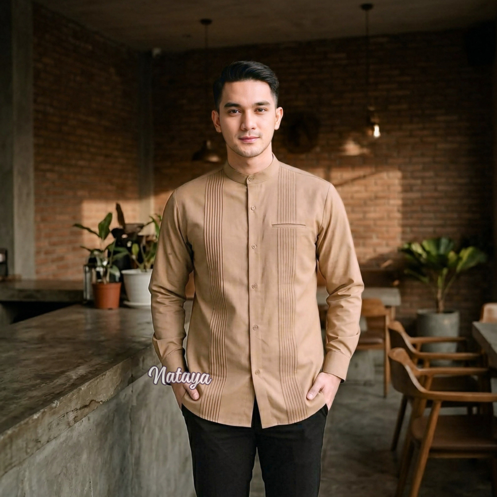 Baju Koko Pria Lengan Panjang Motif Abyan Warna Cokelat Premium Bahan Katun Toyobo Grade A Ukuran M L XL XXL XXXL