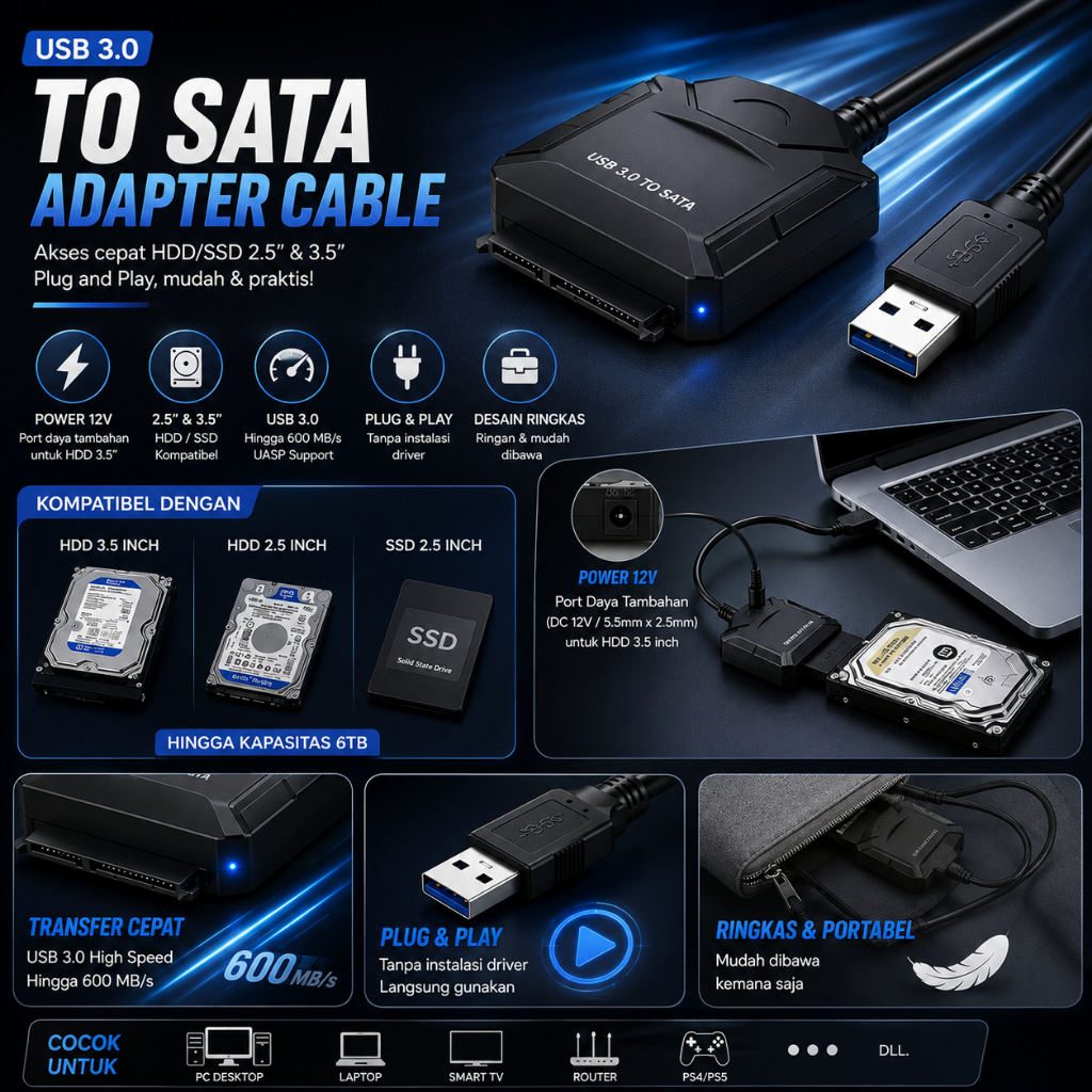 Jual Adapter USB 3.0 To HDD 3.5 2.5 Inch Universal Hardisk Reader ...