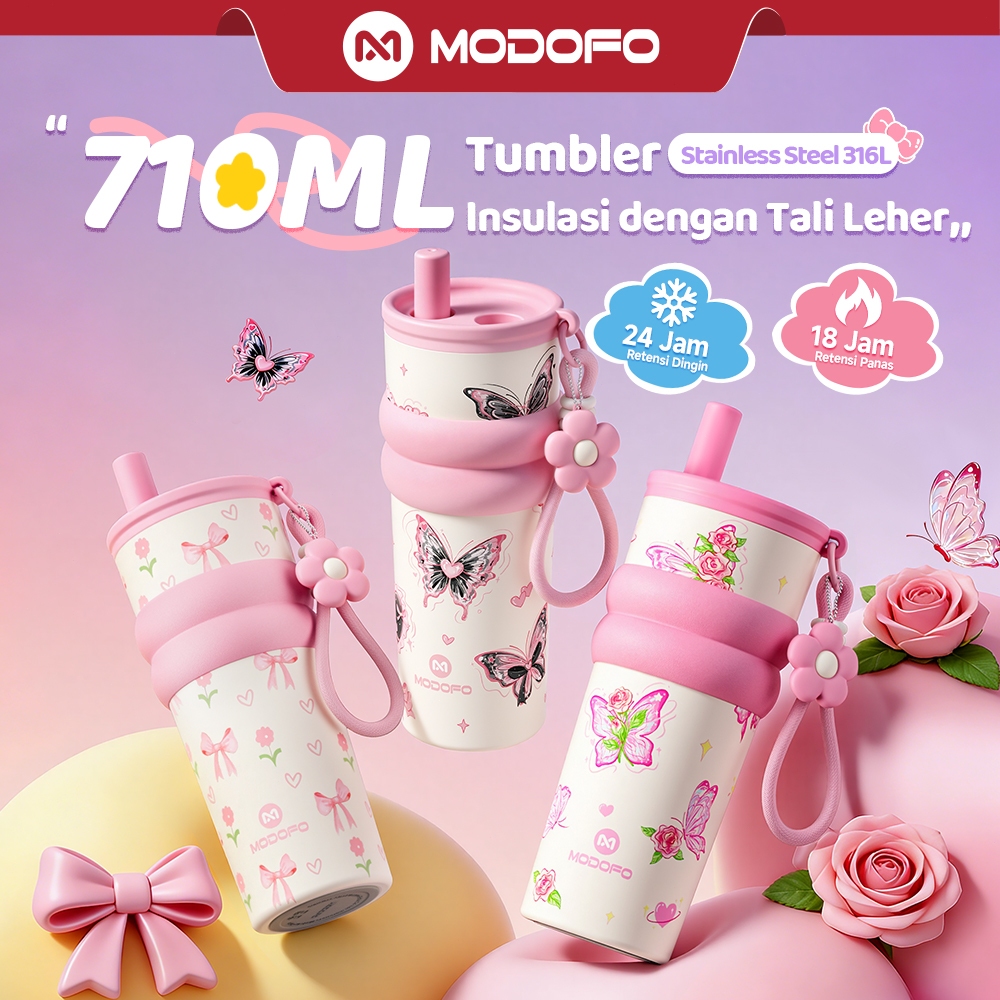 MODOFO Tumbler Stainless 710ml Botol Minum Anak Perempuan Tumblr Tahan Panas Dingin 24 Jam Aesthetic Tambler Termos Air Panas Kopi